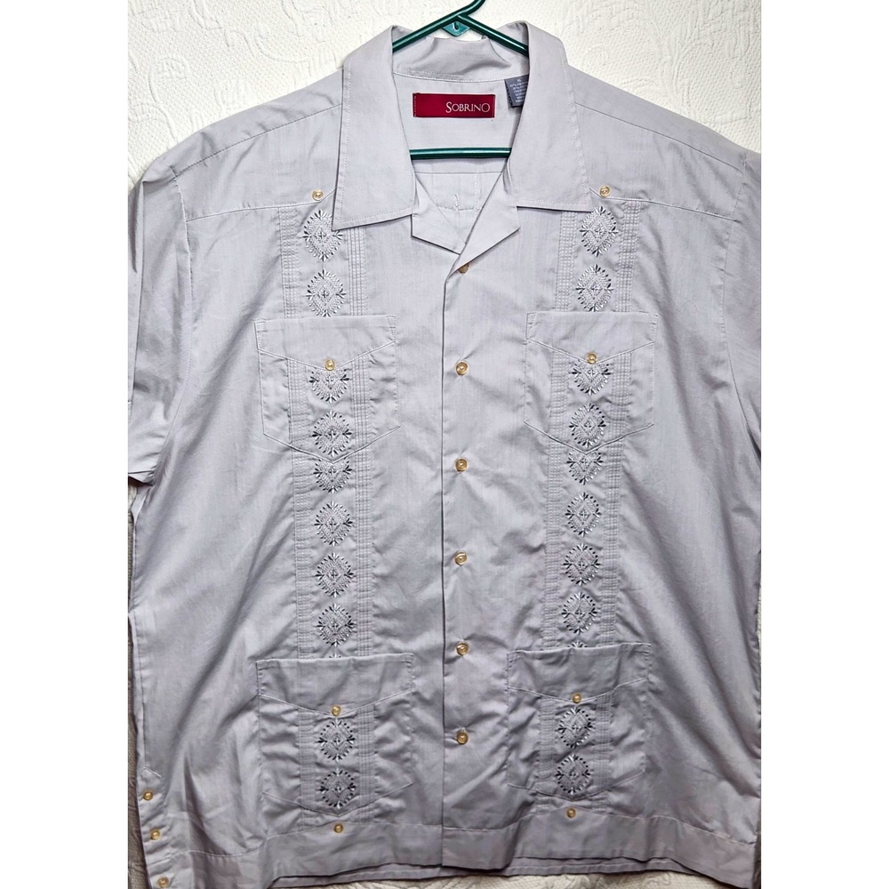Sobrino Gray Solid Woven Embroidered Pockets Short Sleeve Button-Up Shirt L